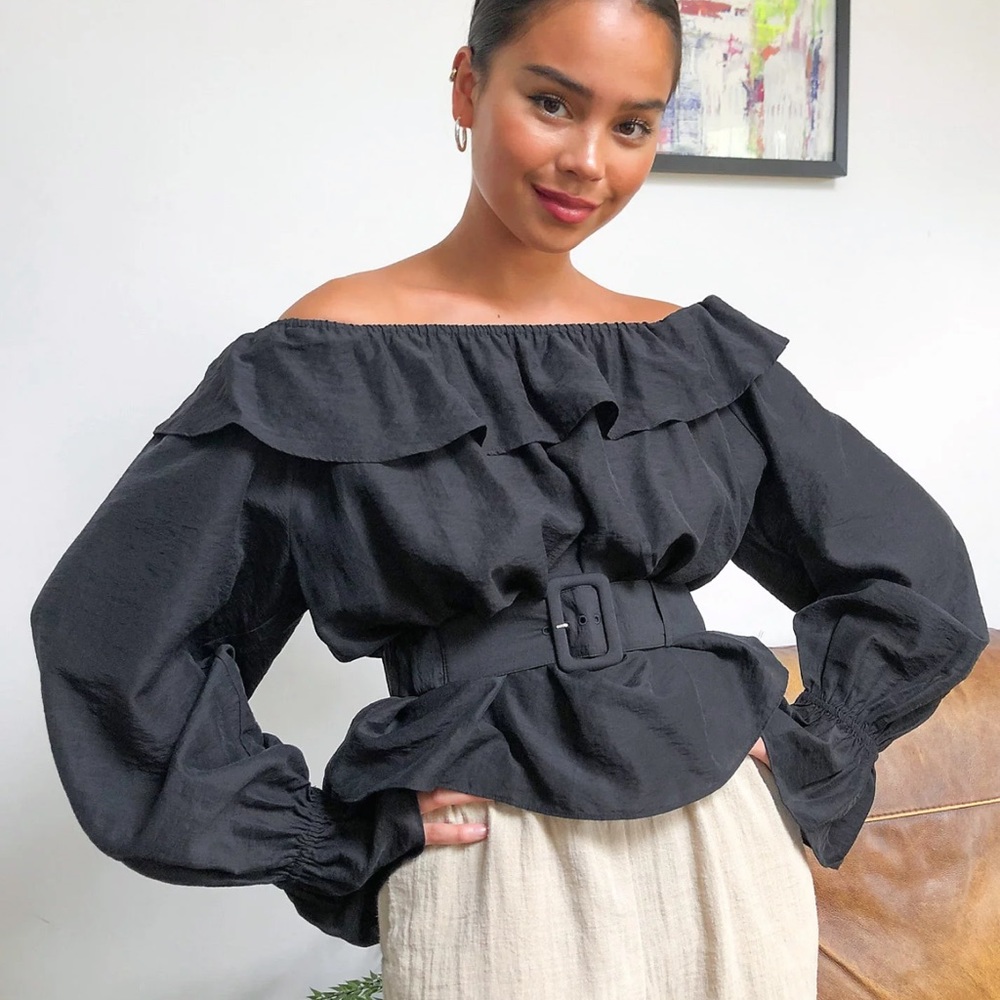 & Other Stories buckle detail puff sleeve blouse in black